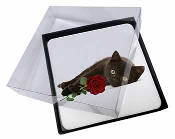 4x Black Kitten with Red Rose Picture Table Coasters Set in Gift Box