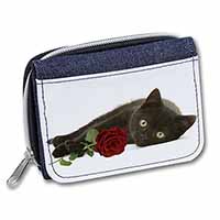 Black Kitten with Red Rose Unisex Denim Purse Wallet