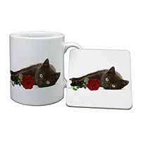 Black Kitten with Red Rose Mug and Coaster Set