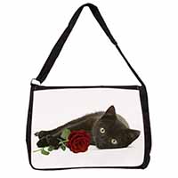 Black Kitten with Red Rose Large Black Laptop Shoulder Bag School/College