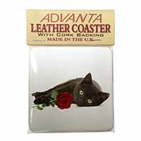 Black Kitten with Red Rose Single Leather Photo Coaster