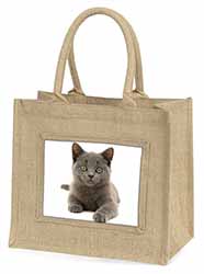 British Blue Kitten Cat Natural/Beige Jute Large Shopping Bag