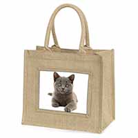 British Blue Kitten Cat Natural/Beige Jute Large Shopping Bag