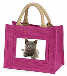 British Blue Kitten Cat Little Girls Small Pink Jute Shopping Bag