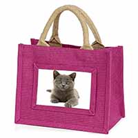 British Blue Kitten Cat Little Girls Small Pink Jute Shopping Bag