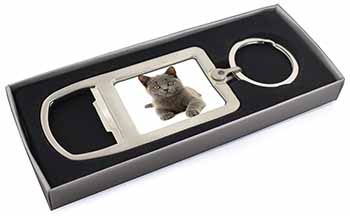 British Blue Kitten Cat Chrome Metal Bottle Opener Keyring in Box