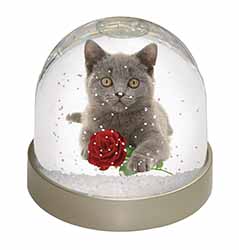 British Blue Kitten with Red Rose Snow Globe Photo Waterball