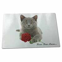 Large Glass Cutting Chopping Board Blue Cat+Rose 