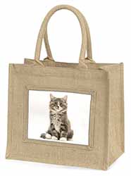 Cute Tabby Kitten Natural/Beige Jute Large Shopping Bag