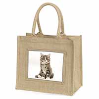 Cute Tabby Kitten Natural/Beige Jute Large Shopping Bag