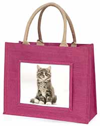 Cute Tabby Kitten Large Pink Jute Shopping Bag