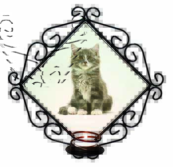 Cute Tabby Kitten Wrought Iron Wall Art Candle Holder