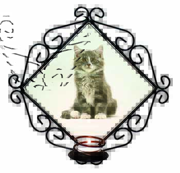 Cute Tabby Kitten Wrought Iron Wall Art Candle Holder