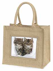 Kittens in White Fur Hat Natural/Beige Jute Large Shopping Bag