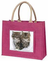 Kittens in White Fur Hat Large Pink Jute Shopping Bag