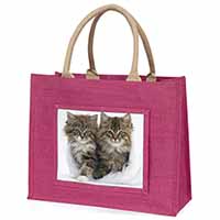 Kittens in White Fur Hat Large Pink Jute Shopping Bag