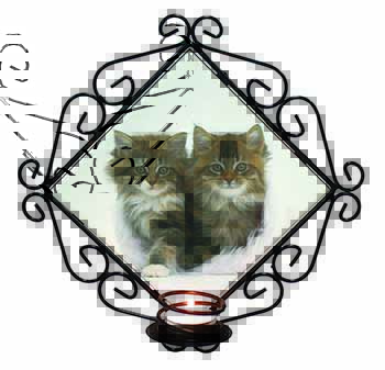 Kittens in White Fur Hat Wrought Iron Wall Art Candle Holder