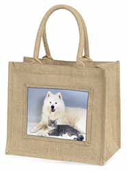 Samoyed and Cat Natural/Beige Jute Large Shopping Bag