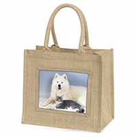 Samoyed and Cat Natural/Beige Jute Large Shopping Bag