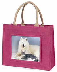 Samoyed and Cat Large Pink Jute Shopping Bag