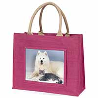 Samoyed and Cat Large Pink Jute Shopping Bag
