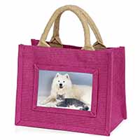 Samoyed and Cat Little Girls Small Pink Jute Shopping Bag