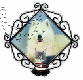 Samoyed and Cat Wrought Iron Wall Art Candle Holder