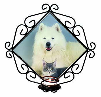 Samoyed and Cat Wrought Iron Wall Art Candle Holder