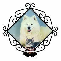 Samoyed and Cat Wrought Iron Wall Art Candle Holder