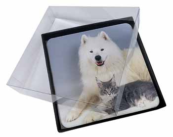 4x Samoyed and Cat Picture Table Coasters Set in Gift Box