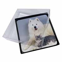 4x Samoyed and Cat Picture Table Coasters Set in Gift Box