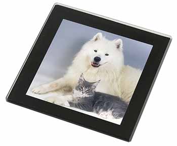 Samoyed and Cat Black Rim High Quality Glass Coaster