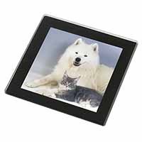 Samoyed and Cat Black Rim High Quality Glass Coaster