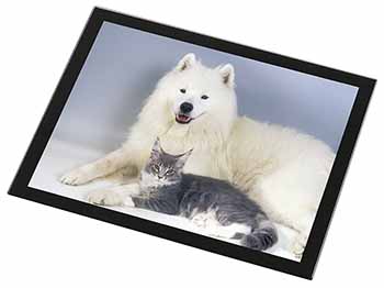 Samoyed and Cat Black Rim High Quality Glass Placemat