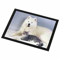 Samoyed and Cat Black Rim High Quality Glass Placemat