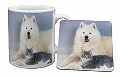 Samoyed and Cat Mug and Coaster Set