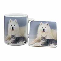 Samoyed and Cat Mug and Coaster Set