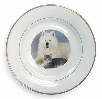Samoyed and Cat Gold Rim Plate Printed Full Colour in Gift Box