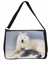 Samoyed and Cat Large Black Laptop Shoulder Bag School/College