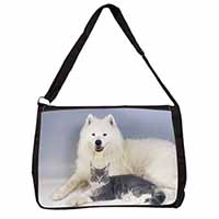 Samoyed and Cat Large Black Laptop Shoulder Bag School/College