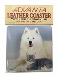 Samoyed and Cat Single Leather Photo Coaster