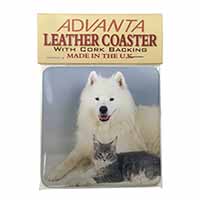 Samoyed and Cat Single Leather Photo Coaster