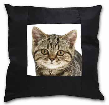 Face of Brown Tabby Cat Black Satin Feel Scatter Cushion