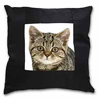 Face of Brown Tabby Cat Black Satin Feel Scatter Cushion