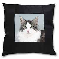 Pretty Grey and White Cats Face Black Satin Feel Scatter Cushion