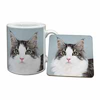 Pretty Grey and White Cats Face Mug and Coaster Set