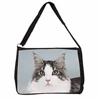 Pretty Grey and White Cats Face Large Black Laptop Shoulder Bag School/College