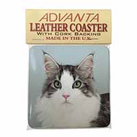 Pretty Grey and White Cats Face Single Leather Photo Coaster