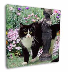 Black and White Cat in Garden Square Canvas 12"x12" Wall Art Picture Print
