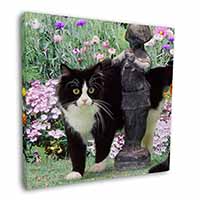 Black and White Cat in Garden Square Canvas 12"x12" Wall Art Picture Print